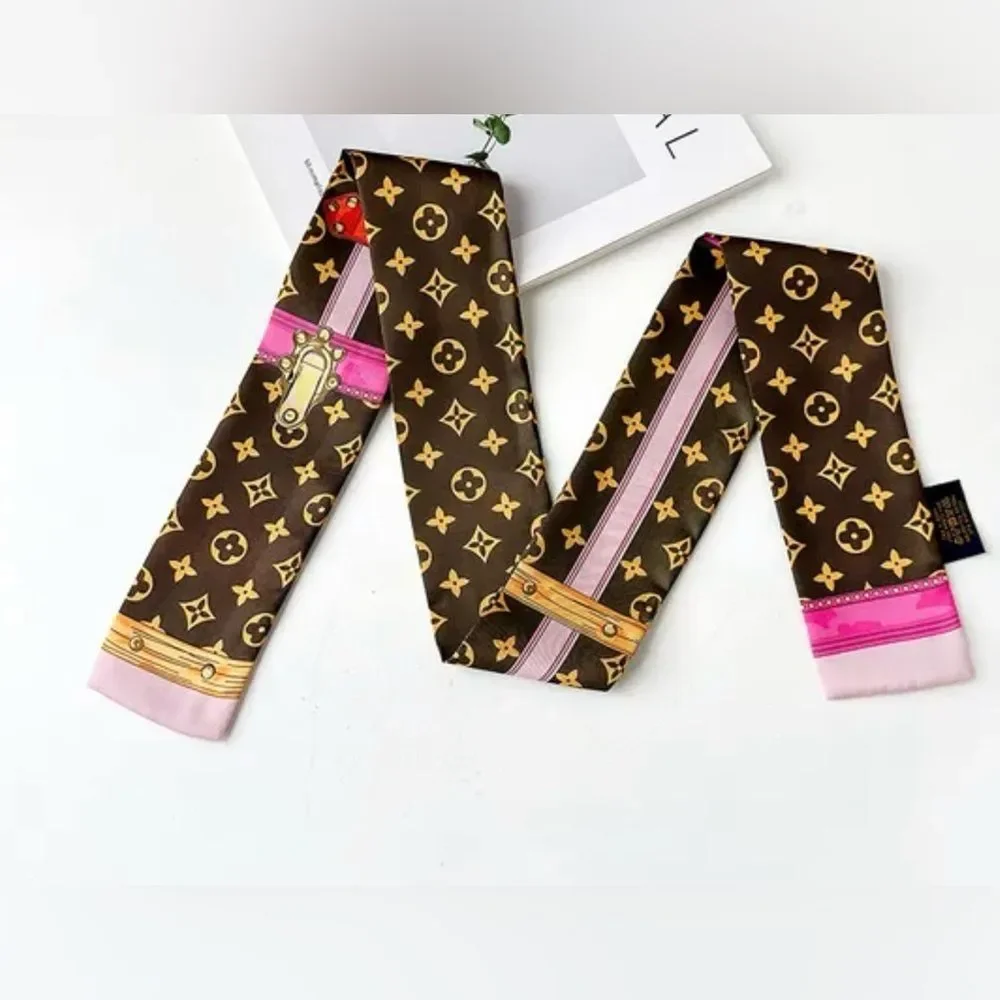 Silky Pink & Brown *Trunks* Style Monogram Twilly Scarf